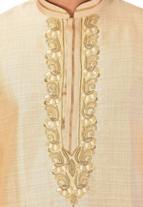 Hand Embroidered Art Silk Kurta Set in Light Beige