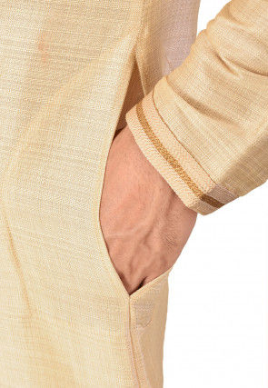 Hand Embroidered Art Silk Kurta Set in Light Beige