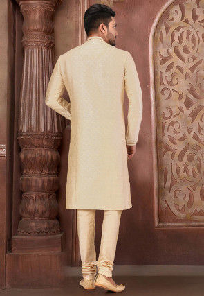 Hand Embroidered Art Silk Kurta Set in Light Beige