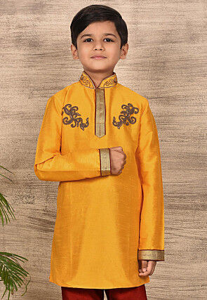 Hand Embroidered Art Silk Kurta Set in Mustard