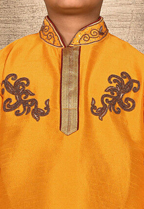Hand Embroidered Art Silk Kurta Set in Mustard