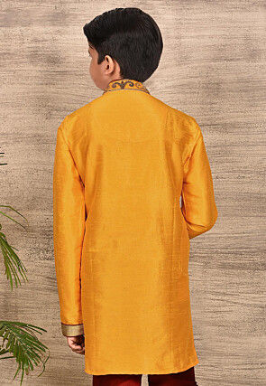 Hand Embroidered Art Silk Kurta Set in Mustard