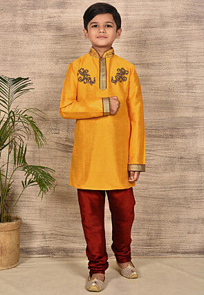 Hand Embroidered Art Silk Kurta Set in Mustard