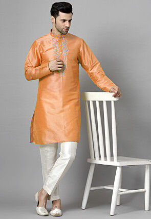 Hand Embroidered Art Silk Kurta Set in Orange