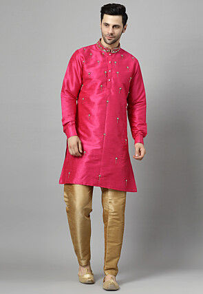 Hand Embroidered Art Silk Kurta Set in Pink