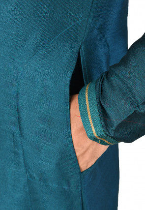 Hand Embroidered Art Silk Kurta Set in Teal Blue