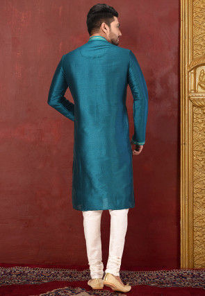 Hand Embroidered Art Silk Kurta Set in Teal Blue