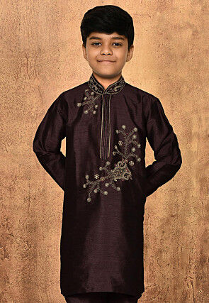 Hand Embroidered Art Silk Kurta Set in Wine UTW552