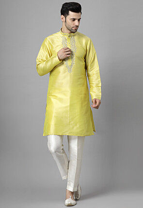 Hand Embroidered Art Silk Kurta Set in Yellow