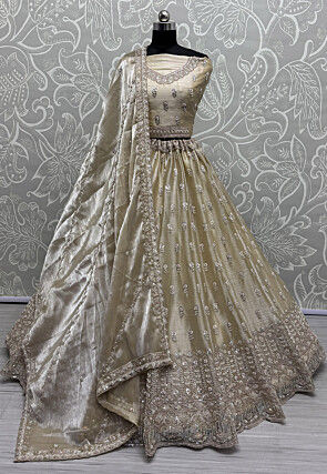 Hand Embroidered Art Silk Lehenga in Beige