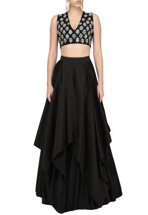 Hand Embroidered Art Silk Lehenga in Black