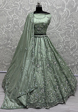 Hand Embroidered Art Silk Lehenga in Dusty Green