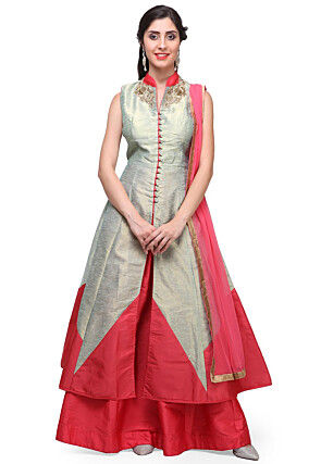 Hand Embroidered Art Silk Lehenga in Fawn
