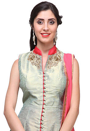 Hand Embroidered Art Silk Lehenga in Fawn