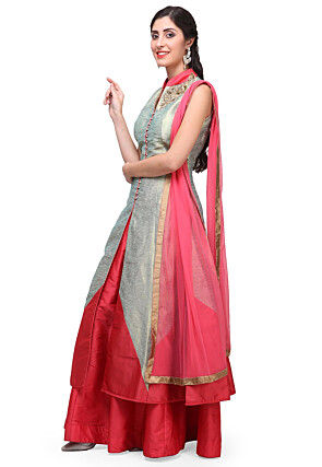 Hand Embroidered Art Silk Lehenga in Fawn