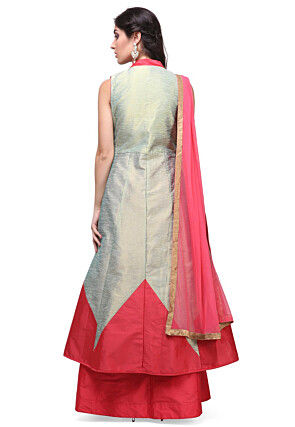 Hand Embroidered Art Silk Lehenga in Fawn