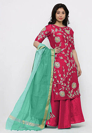 Hand Embroidered Art Silk Lehenga in Fuchsia