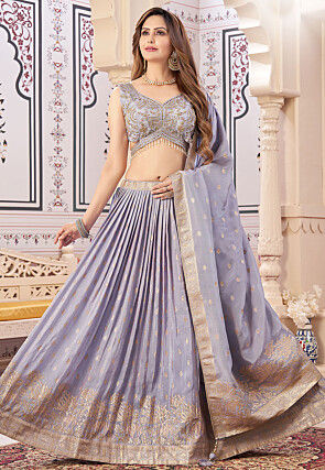 Hand Embroidered Art Silk Lehenga in Light Purple
