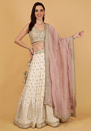 Hand Embroidered Art Silk Lehenga in Off White