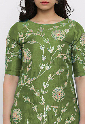 Hand Embroidered Art Silk Lehenga in Olive Green