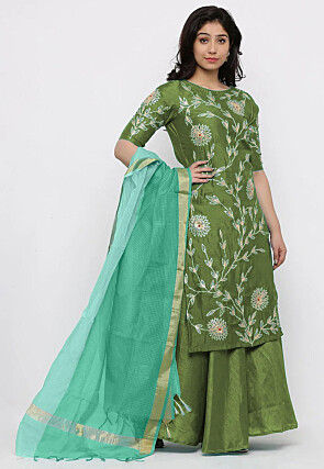 Hand Embroidered Art Silk Lehenga in Olive Green