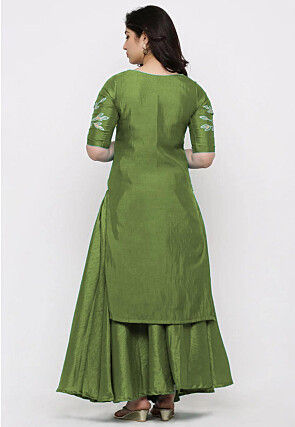 Hand Embroidered Art Silk Lehenga in Olive Green