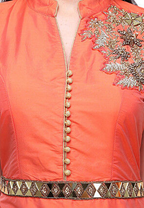 Hand Embroidered Art Silk Lehenga in Orange