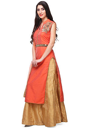 Hand Embroidered Art Silk Lehenga in Orange