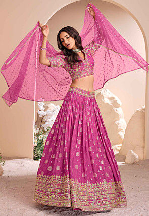 Hand Embroidered Art Silk Jacquard Lehenga in Pink