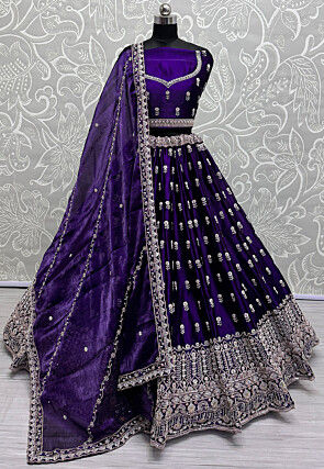 Hand Embroidered Art Silk Lehenga in Purple