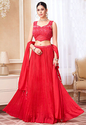 Hand Embroidered Art Silk Lehenga in Red
