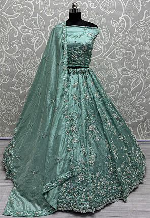 Hand Embroidered Art Silk Lehenga in Sea Green