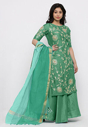 Hand Embroidered Art Silk Lehenga in Sea Green