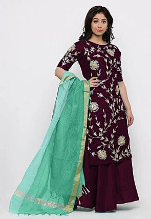 Hand Embroidered Art Silk Lehenga in Wine
