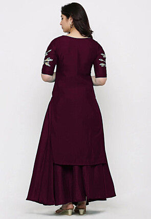 Hand Embroidered Art Silk Lehenga in Wine