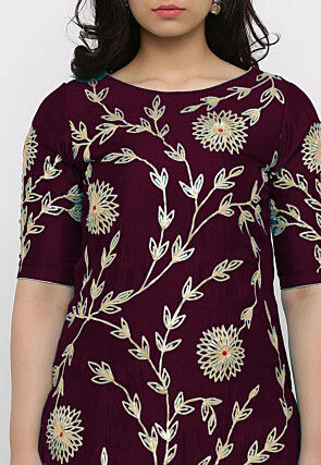 Hand Embroidered Art Silk Lehenga in Wine