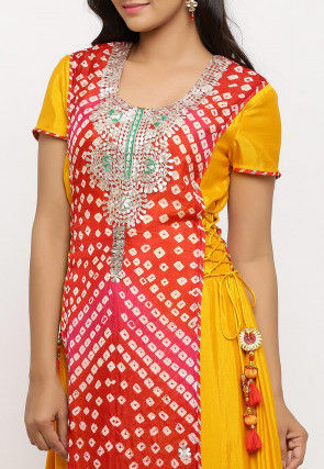 Hand Embroidered Art Silk Long Kurta in Red and Mustard