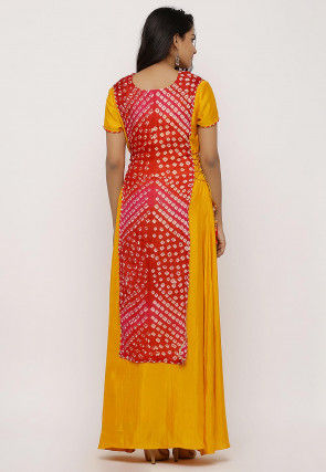 Hand Embroidered Art Silk Long Kurta in Red and Mustard