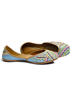 Hand Embroidered Art Silk Women Jutti in Blue