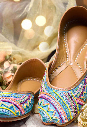 Hand Embroidered Art Silk Women Jutti in Blue