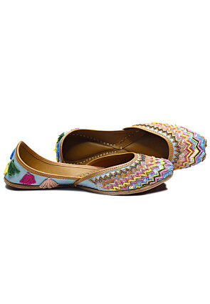 Hand Embroidered Art Silk Women Jutti in Blue