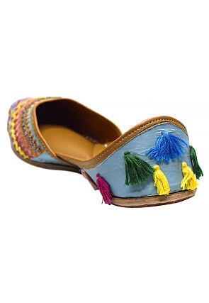 Hand Embroidered Art Silk Women Jutti in Blue