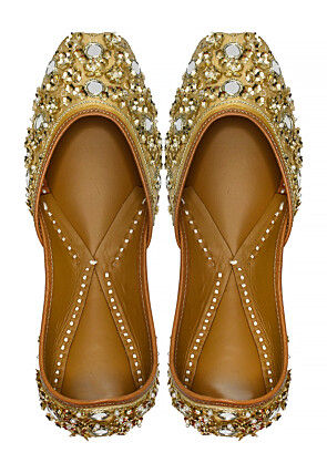 Hand Embroidered Art Silk Mojari in Golden