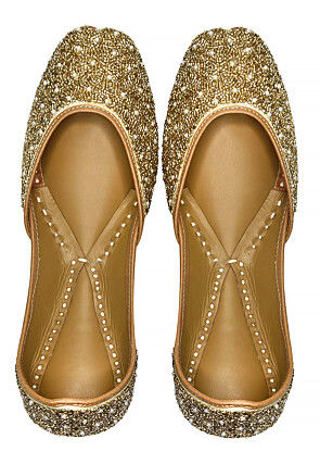 Hand Embroidered Art Silk Mojari in Golden