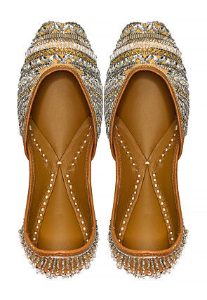 Hand Embroidered Art Silk Women Jutti in Golden