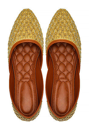 Hand Embroidered Art Silk Mojari in Golden