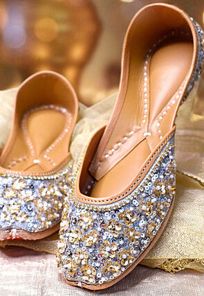 Hand Embroidered Art Silk Women Jutti in Grey