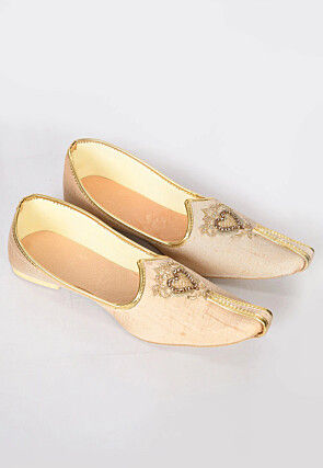 Hand Embroidered Art Silk Men Mojari in Light Beige