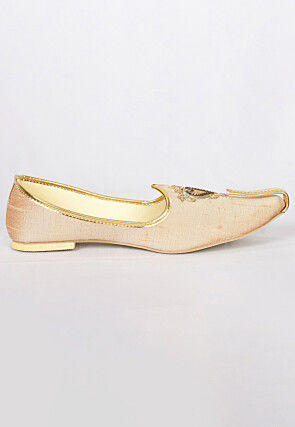 Hand Embroidered Art Silk Men Mojari in Light Beige