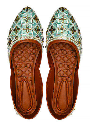 Hand Embroidered Art Silk Women Jutti in Sea Green